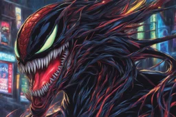 Venom machine in 8k Hayao Miyazaki draw style, yu gi oh them, neon effect, close picture, rain, highly detailed, high details, detailed portrait, masterpiece,ultra detailed, ultra quality