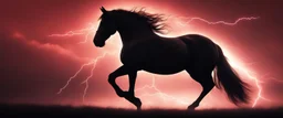 full silhouette of a horse rearing up(on Right side, outlined by lighting), plus red sky with lightning bolt of electricity traveling (from top right to bottom left), speed force