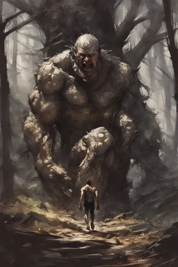 a stupid and crazy stone giant walks through the forest and breaks, vivid emotions, watercolor, photorealism, dark fantasy, bad weather, gloomy day, dark world, sketch art, fine lines, grunge, sensual, darkness, by Raymond Swanland & Alyssa Monks & Anna Razumovskaya