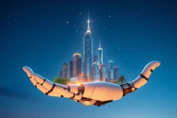 a modern city build In the open palm of robotic hand ,blue sifi ,stars in sky,