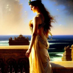 Drawing of beautiful face busty Celtic queen,balcony,view,cliffs,sea,ancient leather armor, balanciaga fashion clothe painting by gaston bussiere, greg rutkowski, yoji shinkawa, yoshitaka amano, tsutomu nihei, donato giancola, tim hildebrandt, oil on canvas, cinematic composition, extreme detail,fit full head inside picture,16k