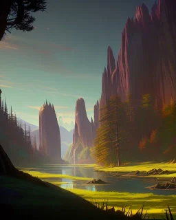 a colorful landscape, tall trees, tolkien, futuristic, mountains, two suns, river