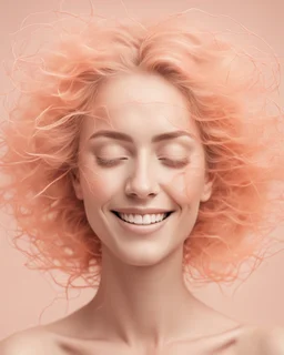 a woman face smiling, close eyes, pastel peach colors, face and hair in neuron thread imitation