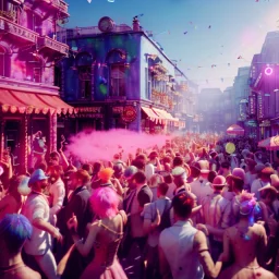 Ultra Realistic photo, medium shot view, drunken dancer women, carnival scene, steampunk. Pink hair, confeti, Sunglasses, smoking, happy, festival, red fog. highly detailed, concept art, unreal engine 5, ray tracing, RTX, lumen lighting, ultra detail, volumetric lighting, 3d, finely drawn, high definition, high resolution.