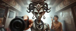nephilim ai meat grinder camera meetup selfie smart transcendent innocent little humanoid shiva dhalsim with big hairdo pointing at camera