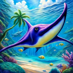 fantasy 90's tcg art of pearlescent manta ray in ocean paradise