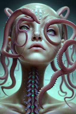 gorgeous female humanoid, tentacles, looking downward, piercings, beautiful face, mesmerizing starry eyes, smooth translucent skin, transcendental