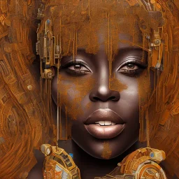 african portrait in rusted clocks, rust, scaffolding, perfect face, high detail