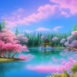 jolie petite maison asiatique lacustre, lac turquoise, ciel rose et bleu, lumière, fleurs délicates, ambiance très réelle, 8k