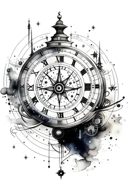 An realism modern design with watercolo and beautiful astronomical clock with all the graphic details it has the original black ink on white background for a tattoo design