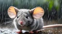 a cute mouse seeks protection from rain