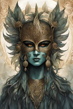 create a full color ink wash and watercolor illustration of a richly patinaed, ancient bronze female druid ceremonial mask representing Macha, utilizing historic Celtic decorative motifs, intricately detailed and sharply defined in the style of Arthur Rackham and Kay Nielsen