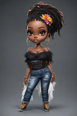 create a colorful abstract digital art image 8k of a chibi curvy black female wearing torn jeans pants with fringe on the side and a black-tie dye off the shoulder blouse. Prominent make up with hazel eyes. Highly detailed long Senegalese twist in a hair wrap