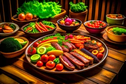 The picture shows a tasty and enticing dish containing a variety of delicious foods. The foods include slices of perfectly grilled meat and crispy fresh vegetables pulsating with colors and flavors. The background shows a simple wooden table and a warm climate that feels comfortable and enjoyable to the eating experience.