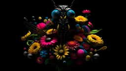 a bunch of different colored flowers on a black background building the face of a giant alien insect creature, dynamic maximum tension