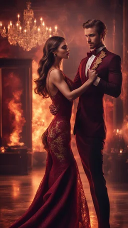 Hyper Realistic handsome muscular guy in flame-patterned-maroon-tuxedo & a beautiful girl in classy-maroon-gown-with-golden-lace dancing in Dark-Room-with-embers.