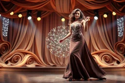 modern stage with dark-brown cream theme artistic decoration , color full dynamic lighting, a beautiful lady in maxi dress with shining silver jewels ,curvy long hair,dancing, 3D recursive fractal structure animating background