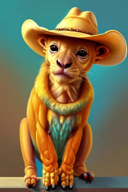 Portrait of a cute camelion with a cowboy hat. Gibly style