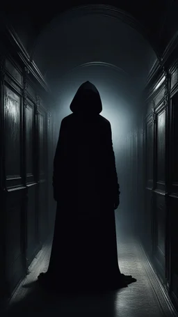 a black hooded shadow standing alone in a sleepless night inside a dark train in a delusional state haunted by ghostly images, paint it in the baroque style, as if the man is horrified