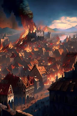 panoramic view of medieval city not on fire and on fire