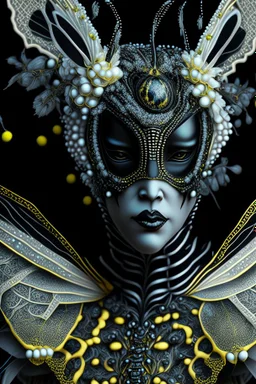 beautiful wasp portrait, textured detailed bioluminescence black and yellow wings adorned with renaissance style silver and black and white pearls, and black diamond headdress and masque, white and black and yellow florals, organic bio spinal ribbed detail of detailed creative rennaisance style light blue colour florwers by moonlight background expressively, extremely detailed hyperrealistic maximálist concept art