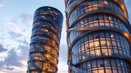 Two intertwined towers with spiral, curved designs and expansive, floor-to-ceiling windows. The outer surfaces are covered with reflective, adaptive panels that change color and opacity depending on the time of day and weather. Award-winning photograph, beautiful composition, exquisite detail and illumination