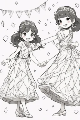 Little girls dancing in diamond-patterned dresses at a festive celebration. Use diamonds for their dresses, party decorations, and the dance floor.,very happy , Colloring page for todlliers ; basic hawali style cartoon , black and white , ink outlines , , smooth , anime style , minimalist , cute eyes , full body , white shose , sketchbook , realistic sketch , free lines , on paper , character sheet , clean line art high detailed