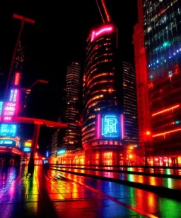 3D, beautiful, light reflecting, empty city, midnight, rainy night, neon, cyberpunk,