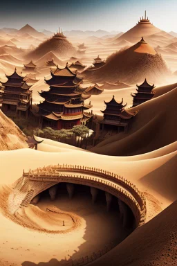 ancient, fantasy, chinese town, dune, crater, sand strom, destroyed chinese houses