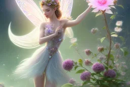 one very little beautiful fairy on a big crystal subtle flower in a galactic ambiance, transparent petals, delicate colors, in the foreground, full of details, smooth, bright sunshine，soft light atmosphere, light effect，vaporwave colorful, concept art, smooth, extremely sharp detail, finely tuned detail, ultra high definition, 8 k, unreal engine 5, ultra sharp focus