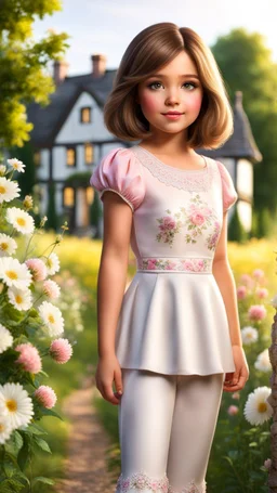 a 5 percent carton like 5 years old girl with realistic face and bob hair and makeup in pretty top and short tight and nice shoes,looking like a beautifull lady standing in country side next to country house with flowers,trees.