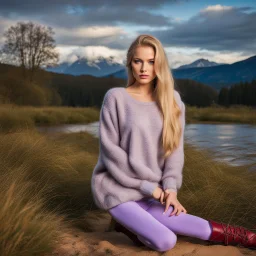 country side ,blue sky , mountains, pretty clouds ,small river with clear water and nice sands in floor,beautiful 18 year old girl with ash blonde hair and blue eyes with her curvy hair down, wearing a long-sleeved woollen top, and lilac long leggings, with long red boots full body standing pose shot