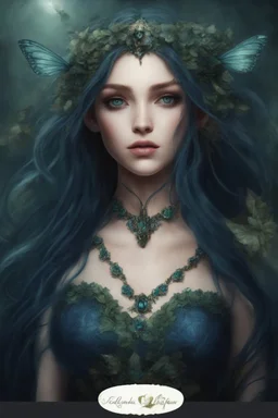 Dark bluec green hair, elven crown roses emerald Water lilies long hair lotus night Fairy princess rapunzel hair queen crown dragonflies fireflies elven tiara flowers fairy wings gothic dark blue ,fairy crown