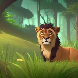 picture for children's book showing a cute lion behind tall grass in the jungle.