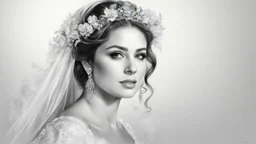 white background, bride, black and white pencil drawing, 3d, 64k, high resolution, high detail, computer graphics, hyperrealism, f/16, 1/300 sec. digital painting, double exposure,