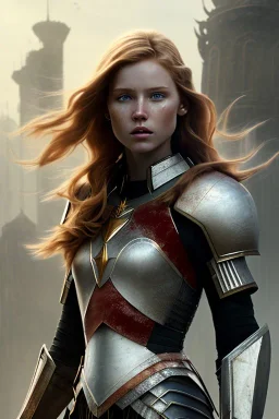 ultrarealistic, concept art, ruined city,__skimpy fantasy armor__, no star, __angles__, 18 year old woman, strikingly beautiful,ginger hair, _colour_, (pale __skincolor__ skin:1.2), __camera__, _hair_, detailed face and eyes, medium breasts, fantasy theme, freckles, dynamic pose, resolved expression, __accessory__, strappy outfit, (straps:1.1), sword in scabbard on left hip, (buckles, buttons, snaps, rings:1.0), haltertop style breastplate, detailed eyes, plump lips