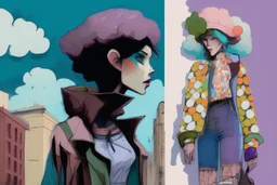 whimsical arafed nonsense, patchwork vibe, (((side view))) two arafed storm clouds fighting each other in a rainy whimsical downtown street with extreme body action and with (((exaggerated body parts))), (((oversize head))), sharp color contrasts, amazing shadows, (((exaggerated limbs and head))), minimal cozy, warm palette, bright bold warm summer colors with yellow orange black colors, color leak, heavily distorted views, amazing parallels, extreme urban decay