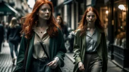 shoulder-length red-haired woman with a ghostly young woman following her, walking along a street full of shops,