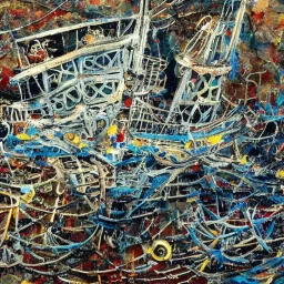 The beautiful pirate ship in the ocean, complex, incomprehensible, 3D, bulky, symmetrical, artistic, 4K, 8K, by Jackson Pollock, a living, real and natural work