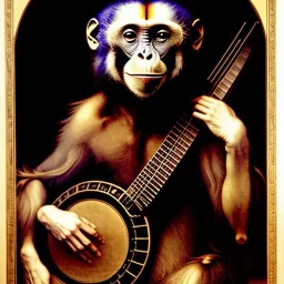 scratchart by albrecht durer of a bonobo playing a banjo, strings