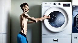 very skinny man is unable to lift damaged dryer