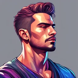 A man with masculine and strong features represents a successful, strong and unbreakable mentality ,Side shot of face and body , single man ,high quality , 8k , colorful , in digital illustration style