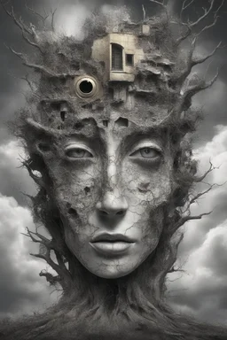 surrealis monochrome A fragmented, surreal sculpture liguid color of photorealistic image 3d,psychedelic art of a big 2 eyes surrounded by clouds glossy emerging from dreamlike a crumbling building. The face appears pale with deep cracks and intricate details, evoking a haunting expression. Blackened tree branches intertwine with the gold mengkilat cracks, set against a backdrop of stormy, cloud-filled skies. bauhaus art The overall tone is dark and moody, suggesting themes of decay and transfor