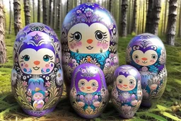 A light purple forest with faeries designed in Matryoshka dolls painted by Guo Xi