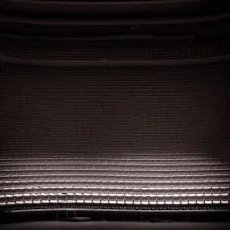 a single chair on stage in the spotlight close up view facing empty audience at a dark and empty symphony hall