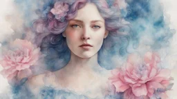 Victorian era, watercolor drawing, double exposure, fine rendering, portrait of a beautiful woman 30 years old, airy transparent dress, double exposure, flower, fantasy, blue, pink, loose hair, highlights, sparkles, clear lines, detail, fine drawing, high resolution , 8K, photorealism, precise focus,