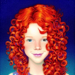 teen Robyn Lively, her striking perfectly detailed clear eyes, her perfect, precisely detailed lightly freckled face, meticulously detailed long curly multi-hued ginger carrot cherry fire red hair, luminous colorful sparkles; by james r. eads, gawki, rajewel, tania rivilis, dan mumford, lisa frank, artgerm, greg rutkowski, alphonse mucha and william-adolphe bouguereau; glitter, airbrush, octane render, volumetric lighting, 16k, photorealistic digital painting, artstation, smooth, sharp focus