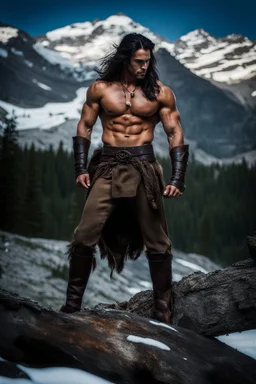 Handsome and muscular 30 year old shirtless mountain man long dark hair, dark fantasy, snow capped mountains