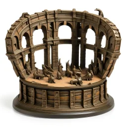 A bronze coliseum with swords on the entrance designed in ancient Greek pottery