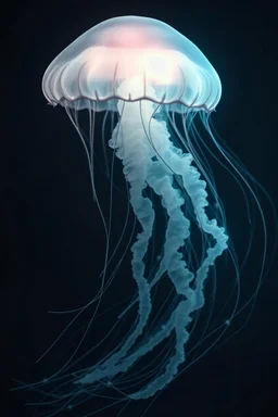 Create a spectral image of a glowing jellyfish mixed with an atomic mushroom, her form traced by ghostly light trails. Translucent streaks of pale, desaturated teal and silver hint at her fleeting presence. Set against a dark, mysterious background, the ethereal jellyfish's haunting glow casts an otherworldly ambiance, evoking both beauty and mystery.
